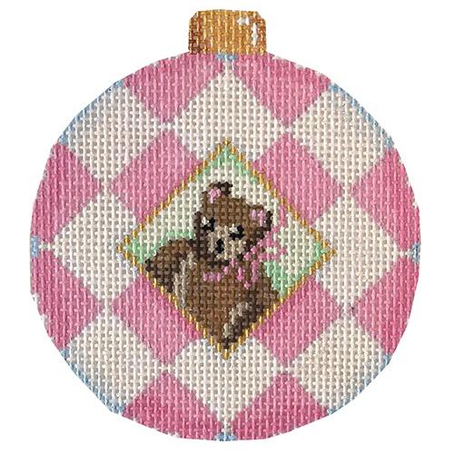 Pink Bear Harlequin Ball Ornament Painted Canvas Associated Talents  - 1