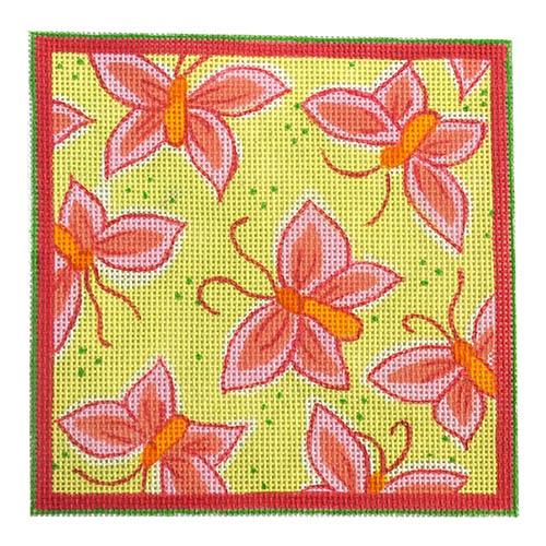 Pink Butterflies on Green Painted Canvas Kate Dickerson Needlepoint Collections  - 1