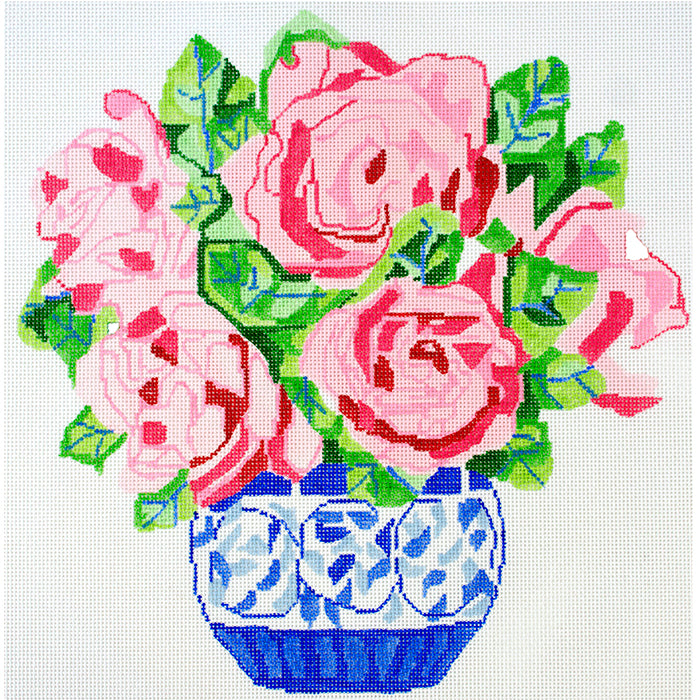 Pink Cabbage Rose Bouquet Painted Canvas Jean Smith 