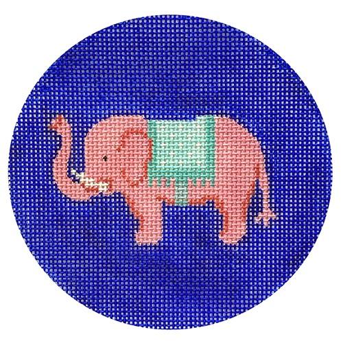 Pink Elephant with Turquoise Blanket Round Painted Canvas Kate Dickerson Needlepoint Collections 