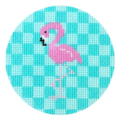 Pink Flamingo on Aqua Round Painted Canvas Two Sisters Needlepoint 
