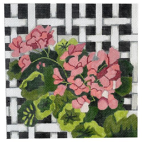 Pink Geraniums on Lattice Painted Canvas All About Stitching/The Collection Design 