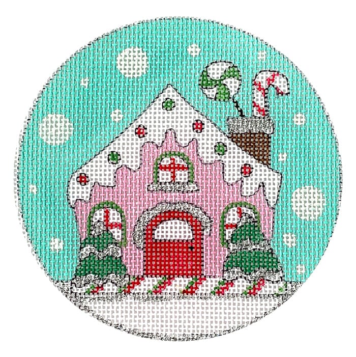 Pink Gingerbread House Round Painted Canvas Alice Peterson Company 