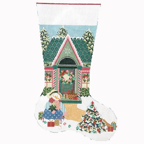 Pink & Green Christmas House Stocking Painted Canvas NeedleDeeva  - 1