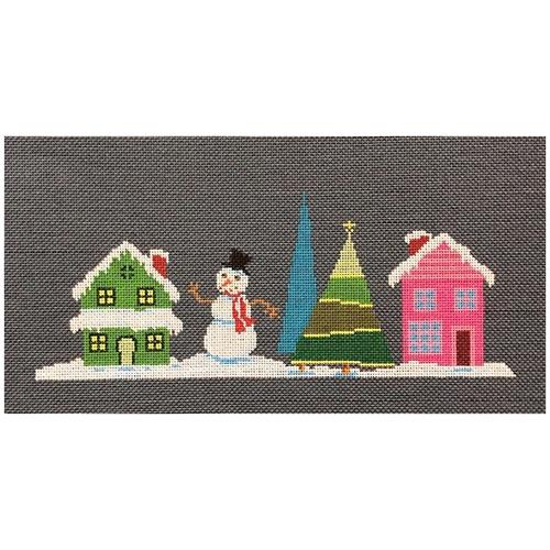 Pink House with Snowman with Stitch Guide Painted Canvas A Stitch in Time 