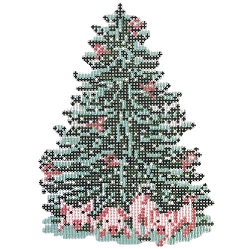 Pink Piggy Tree on 18 Painted Canvas Needle Crossings 
