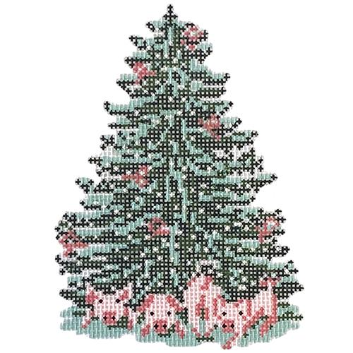 Pink Piggy Tree on 18 Painted Canvas Needle Crossings  - 1