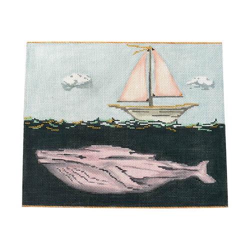 Pink Whale and Sailboat Painted Canvas The Plum Stitchery 