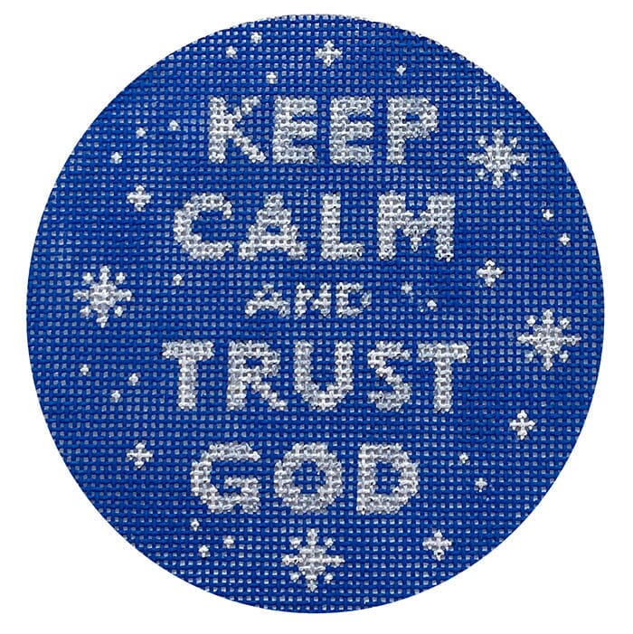 Planet Earth and Lee 4" Round - Keep Calm and Trust God - Sparkly White/Navy Painted Canvas Kate Dickerson Needlepoint Collections 