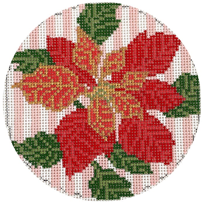 Poinsettia on Pink Stripes Round Painted Canvas The Gingham Stitchery  - 1