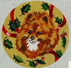 Pomeranian with Holly Ornament Painted Canvas The Meredith Collection 