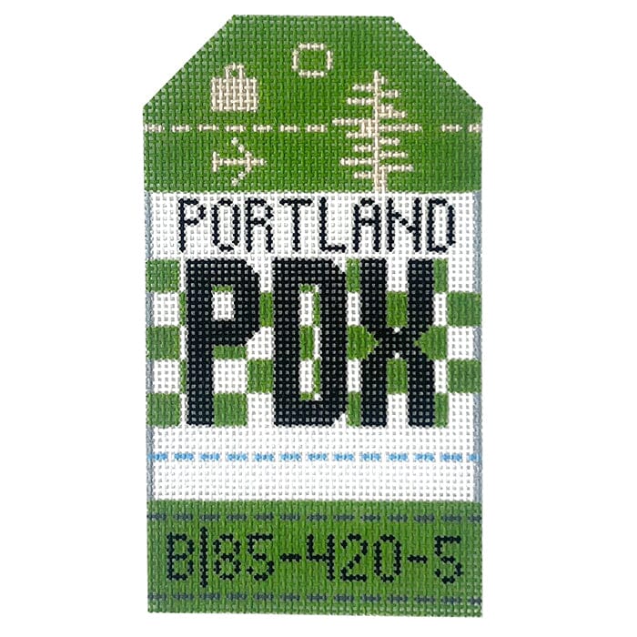 Portland PDX Travel Tag Painted Canvas Hedgehog Needlepoint 
