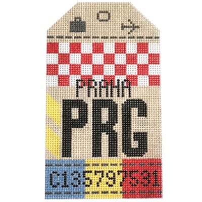 Prague PRG Vintage Travel Tag Painted Canvas Hedgehog Needlepoint 
