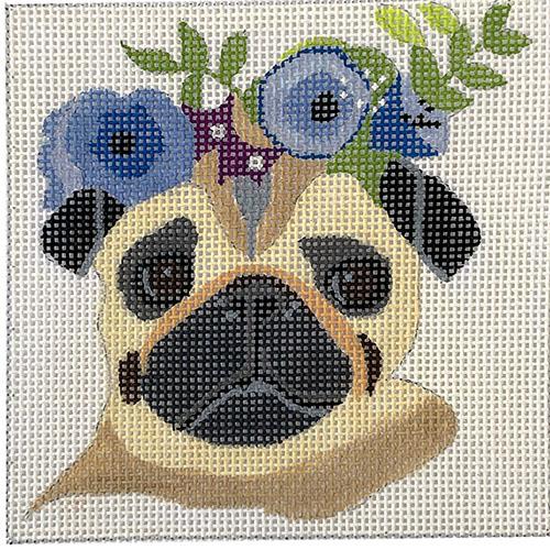 Pug with Blue Floral Crown 4" Square Painted Canvas Melissa Prince Designs 