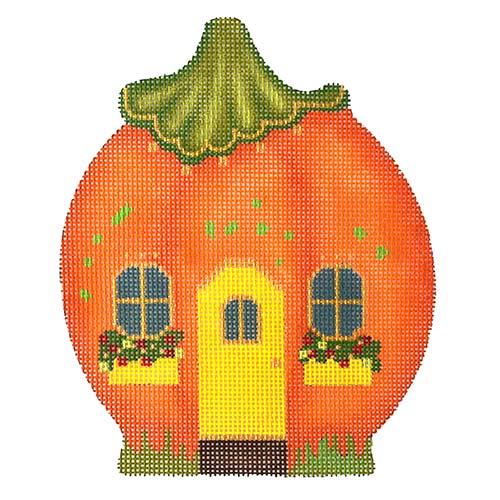 Pumpkin House   Yellow Door and Window Boxes Painted Canvas Melissa Shirley Designs  - 1
