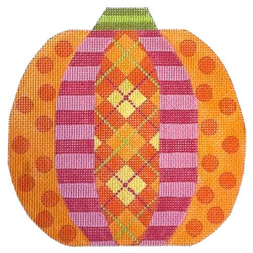 Pumpkin Patchwork   Argyle Orange & Pink with Stitch Guide Painted Canvas Eye Candy Needleart  - 1