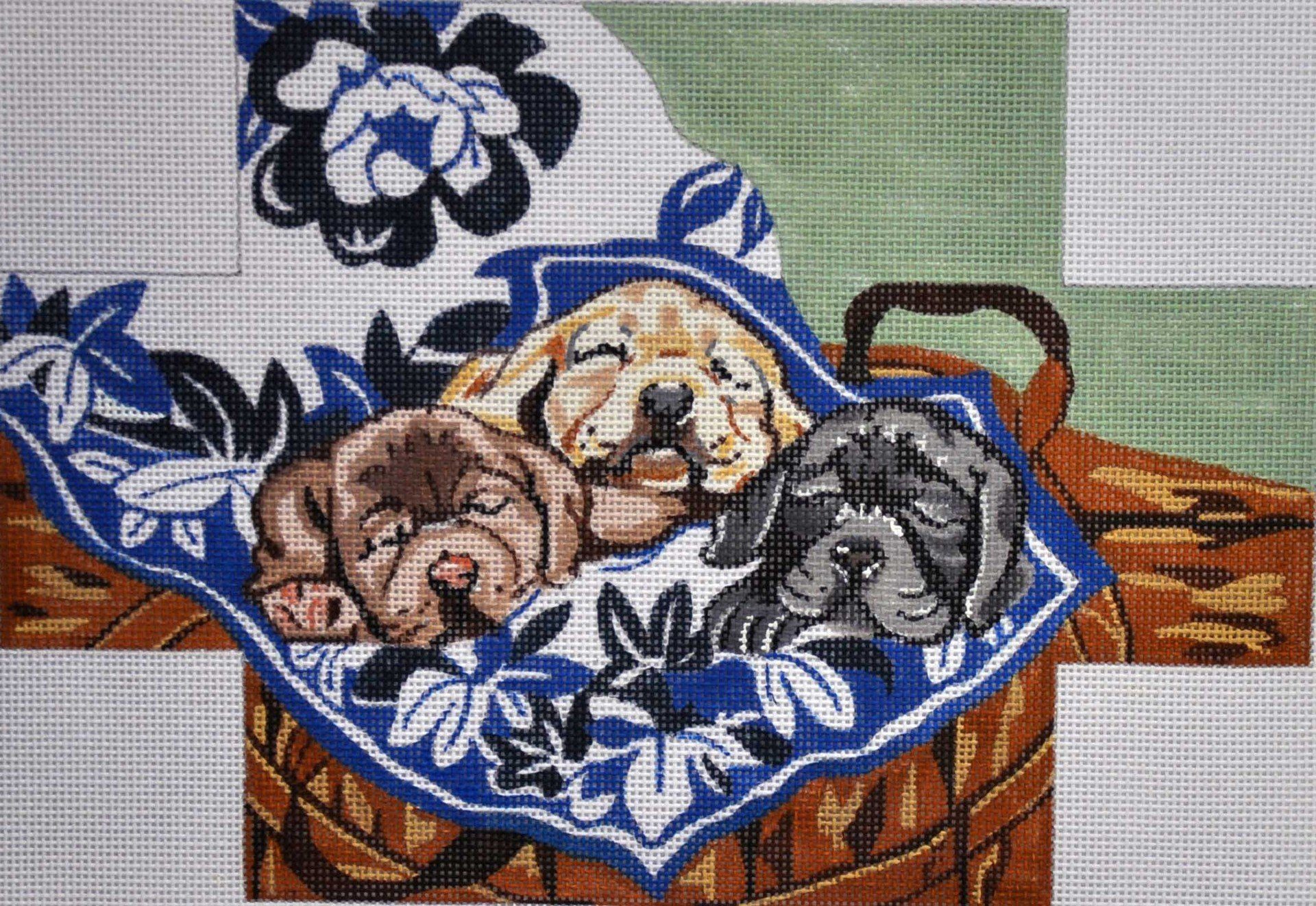 Puppies in a Basket Painted Canvas Julie Mar Needlepoint Designs  - 1