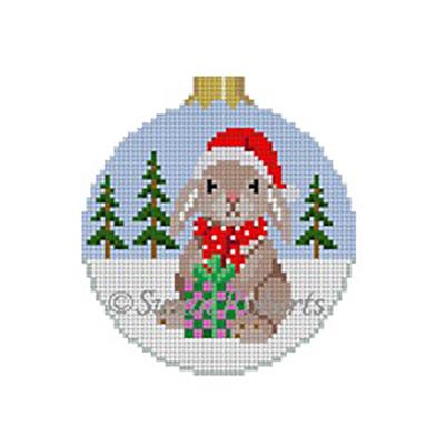 Rabbit with Present Round Painted Canvas Susan Roberts Needlepoint Designs Inc. 