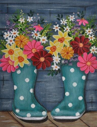 Rainboots & Flowers Painted Canvas Alice Peterson Company  - 1