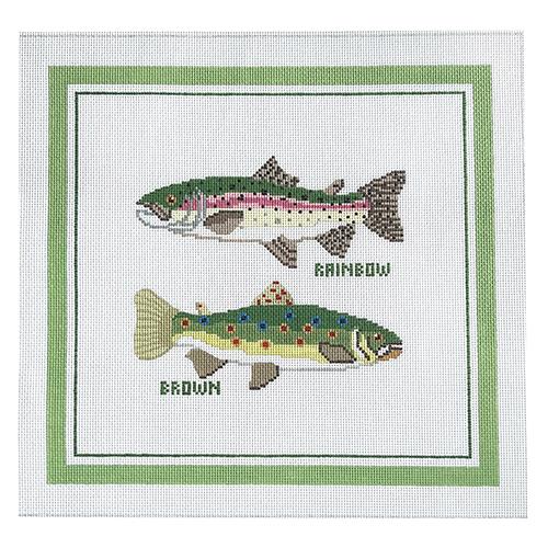 Rainbow & Brown Trout Painted Canvas Silver Needle  - 1