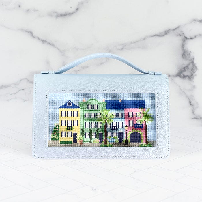 Rainbow Row Clutch Insert Kit Kits Needlepoint To Go Kit and Matching Baby Blue + Silver Chain Clutch 