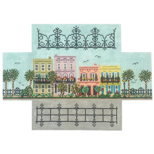 Rainbow Row   Pastel Houses Brick Cover Painted Canvas Needle Crossings  - 1