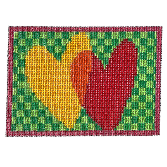 Red Orange Hearts on Checkerboard, Beige Canvas Painted Canvas CBK Needlepoint Collections  - 1
