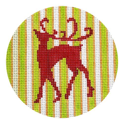 Red Reindeer on Green, Gold, & White Stripes Painted Canvas Kristine Kingston 
