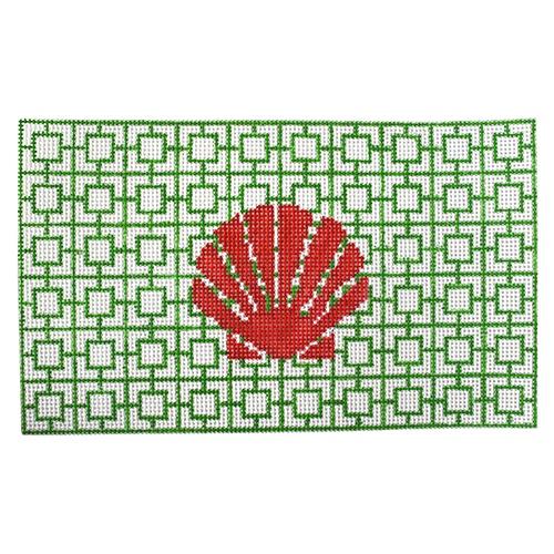 Red Shell on Geometric Green Painted Canvas Kristine Kingston  - 1