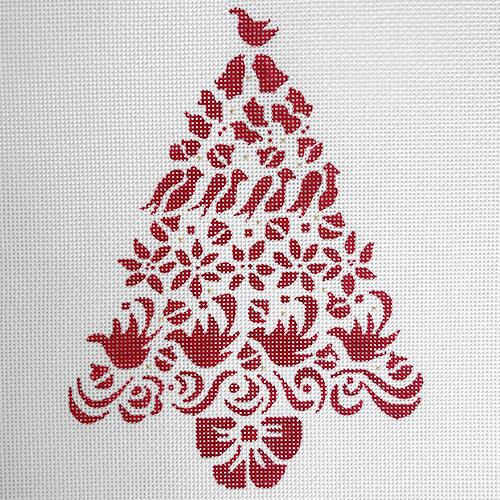 Red Swirls Christmas Tree Painted Canvas The Plum Stitchery  - 1
