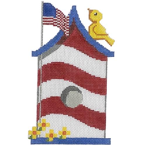 Red, White, and Blue Birdhouse with Yellow Bird Painted Canvas Labors of Love Needlepoint 