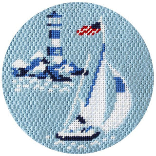 Regatta Round   Yacht & Lighthouse Printed Canvas Needlepoint To Go 
