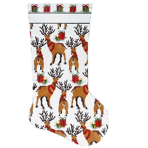Reindeer and Presents Stocking Painted Canvas KCN Designers 