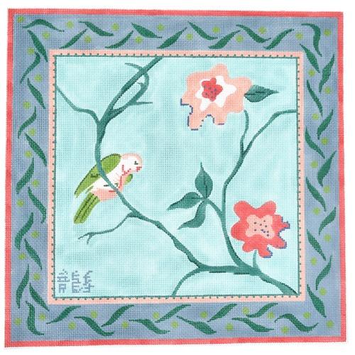 Retro Parakeet with Flowers Painted Canvas Kate Dickerson Needlepoint Collections 