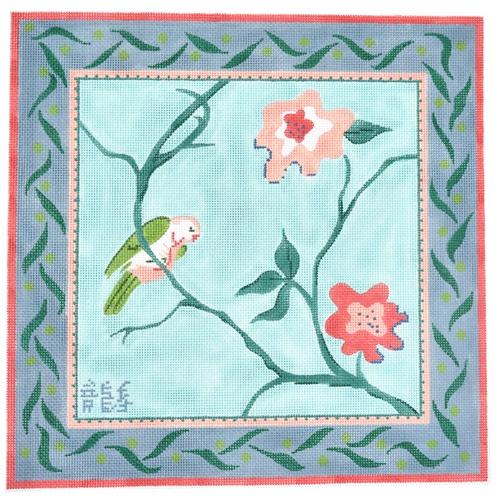 Retro Parakeet with Flowers Painted Canvas Kate Dickerson Needlepoint Collections  - 1