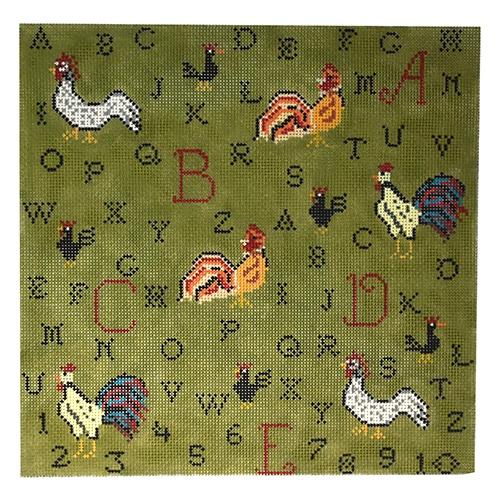 Rooster Sampler Moss Painted Canvas Birds of a Feather 