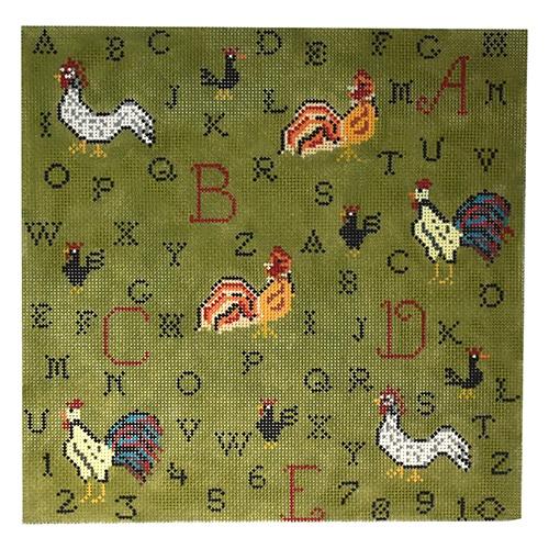 Rooster Sampler Moss Painted Canvas Birds of a Feather 
