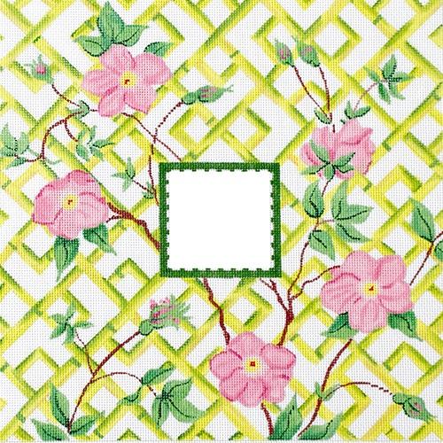 Roses on Bamboo Trellis w/ Single Initial Painted Canvas Kate Dickerson Needlepoint Collections 