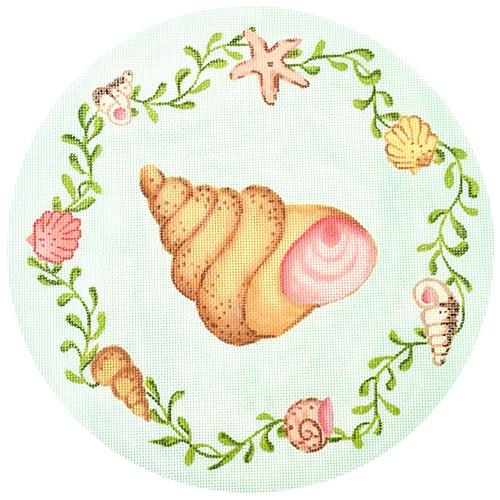 Round Gilled Snail w/ Shells & Seaweed Border - Aqua Background Painted Canvas Kate Dickerson Needlepoint Collections 