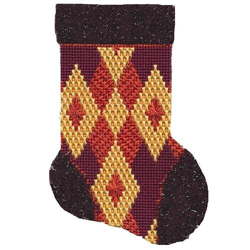Rust, Gold, & Burgundy Mini Sock with Stitch Guide Painted Canvas A Stitch in Time 