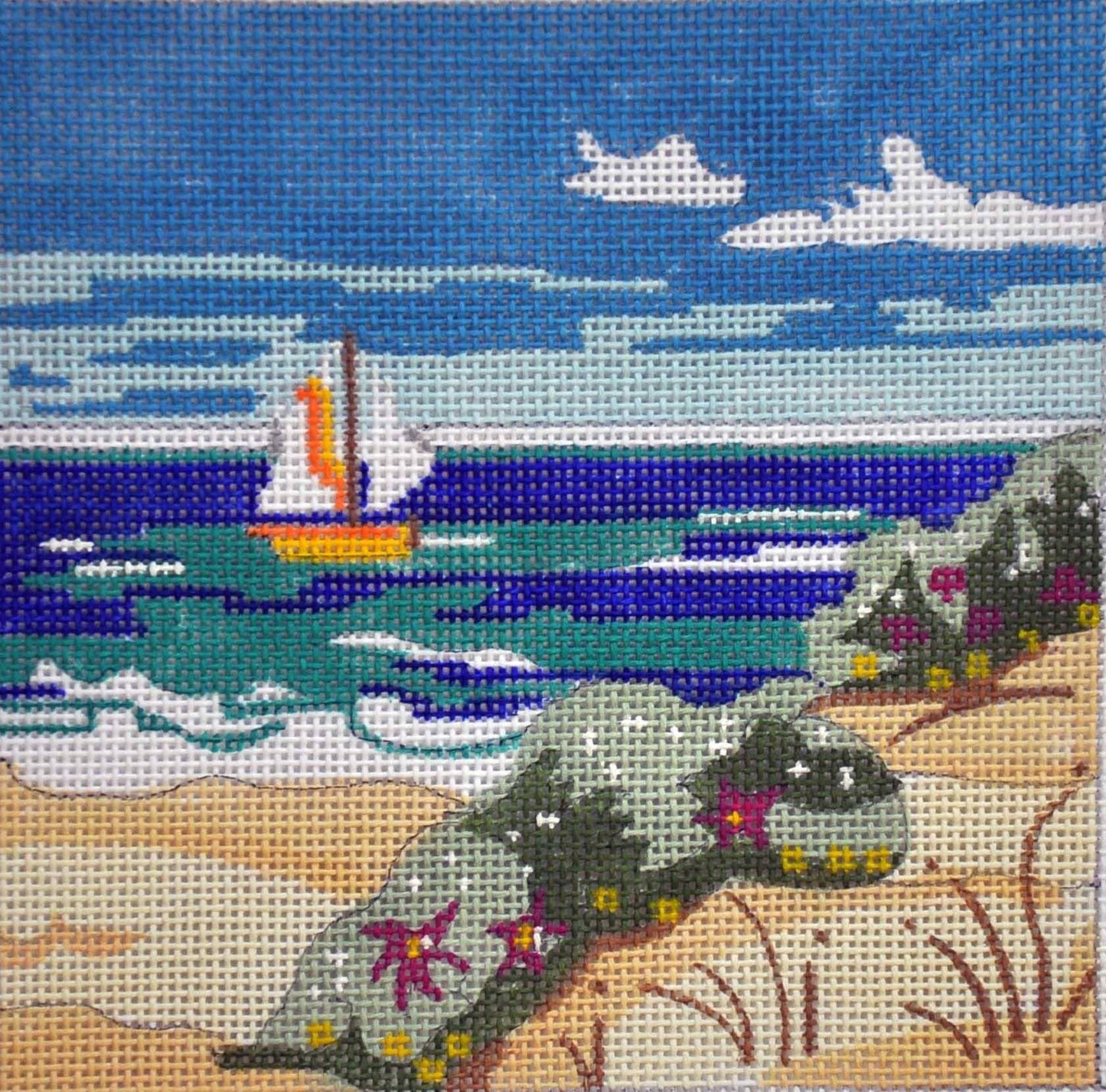 Sailboat at the Beach Painted Canvas Julie Mar Needlepoint Designs 