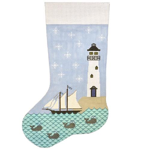Sailboat & Lighthouse Stocking Painted Canvas J. Child Designs 