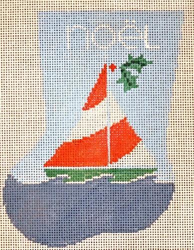 Sailboat Mini Sock Painted Canvas Kathy Schenkel Designs  - 1
