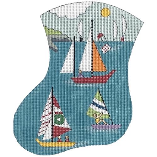 Sailboat Scene Mini Stocking Painted Canvas The Meredith Collection  - 1