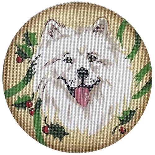 Samoyed w/ Holly Ornament Painted Canvas The Meredith Collection 