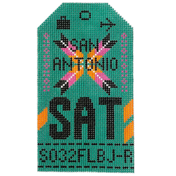 San Antonio SAT Retro Travel Tag Painted Canvas hedge  - 1