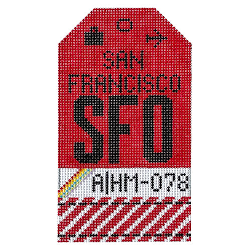 San Francisco SFO Vintage Travel Tag Painted Canvas Hedgehog Needlepoint 
