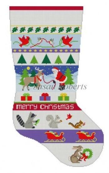 Santa and Animals Stripe Stocking Painted Canvas Susan Roberts Needlepoint Designs, Inc. 