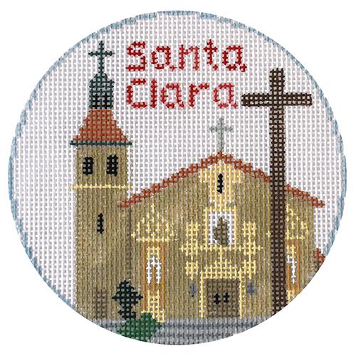 Santa Clara, The Mission Round Painted Canvas Kathy Schenkel Designs 