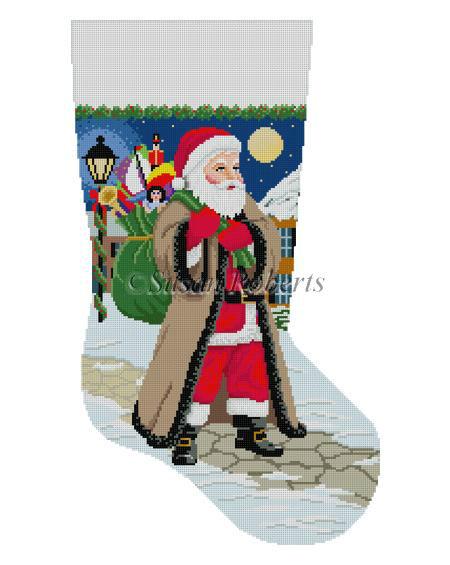 Santa Coming up Sidewalk Stocking Painted Canvas Susan Roberts Needlepoint Designs Inc. 